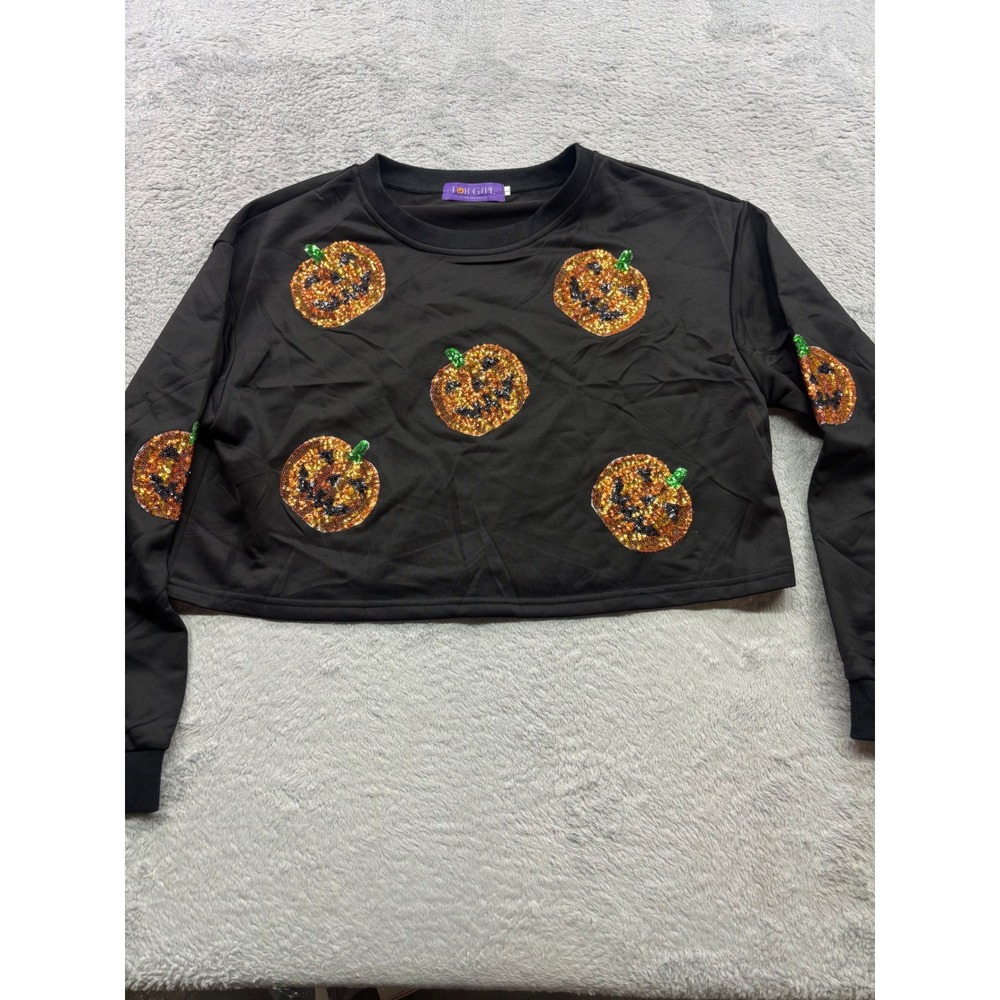 FOR G&PL Womens Black Sequin Pumpkin Halloween Cropped Sweatshirt Large